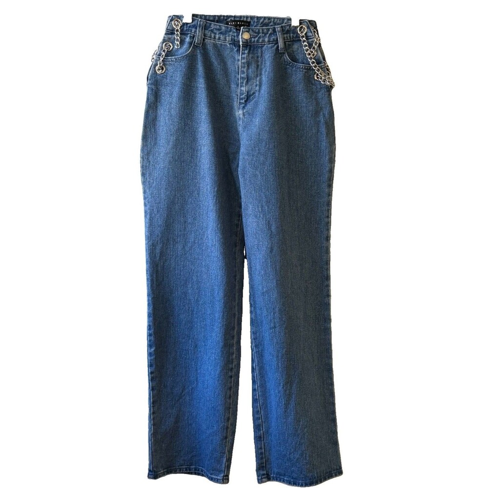 Blue Blush Women’s Wide-Leg Blue Medium Wash Denim Jeans Chain 5-Pocket Sz L